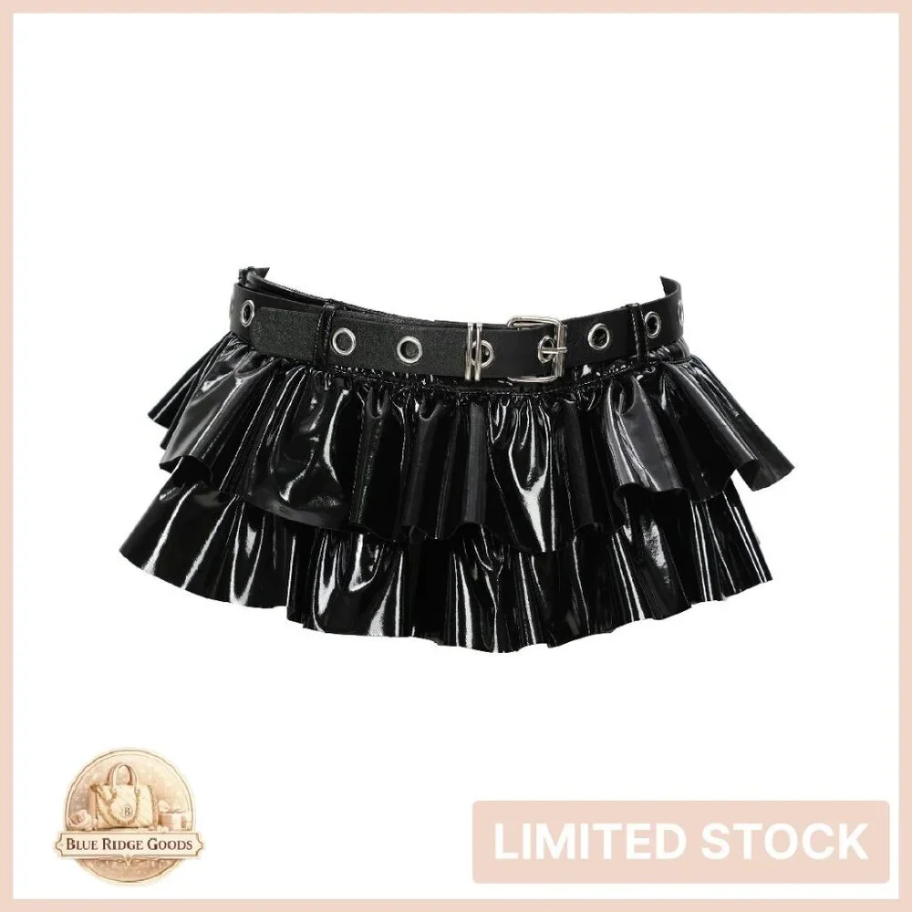 Gothic Punk Mini Skirt Shiny Leather Pleated Edge Y2K Club Wear